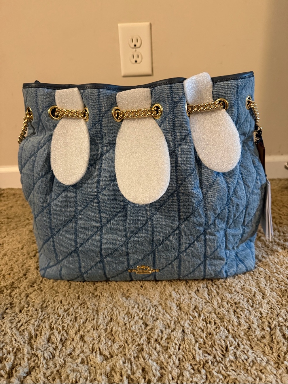Coach Quilted Denim Shoulder Tote with Gold Chain Accents - Blue